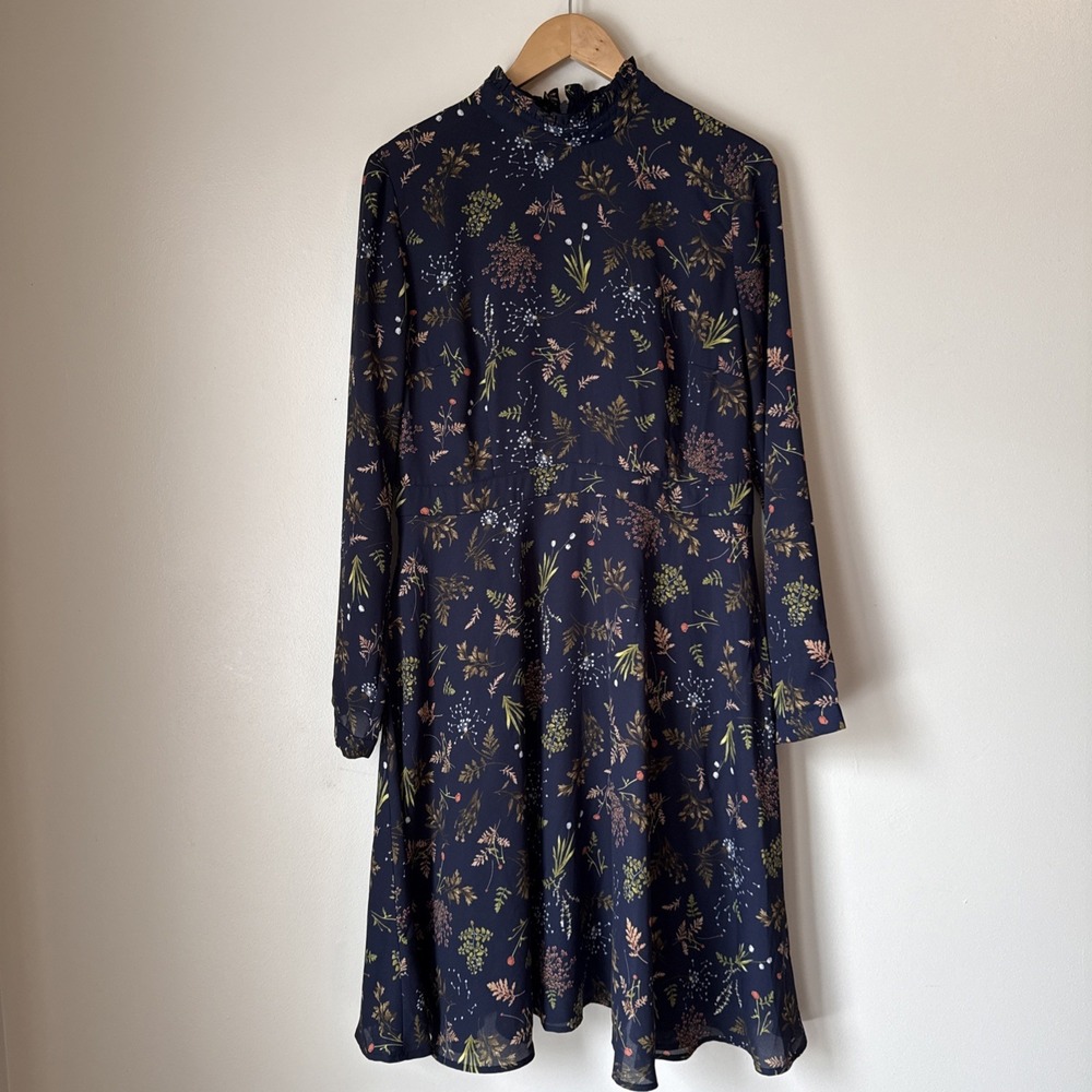Concept Club Midi Dress Blue Floral Long Sleeve Womens Size L Mature Church